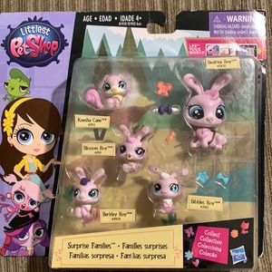 Littlest pet shop bunnies and a cat and accessories box shelf wear